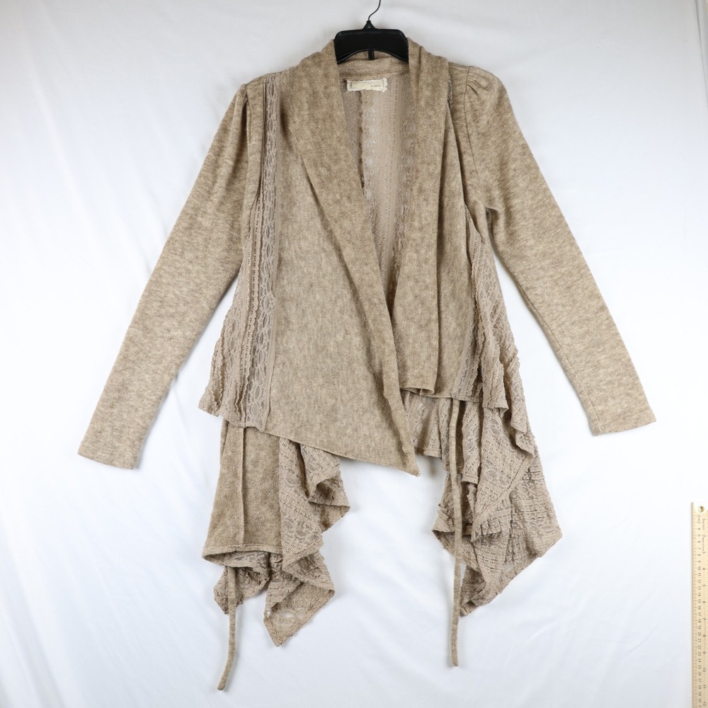 a'reve Sweater Womens Medium Brown Lace Boho Open‎ Front Drape Cardigan Layered